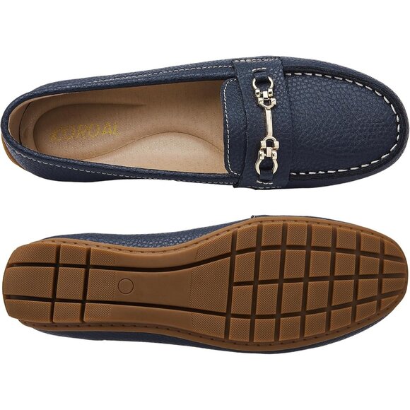 Kordal Women's Navy Leather Gold Accent Buckle Slip-Ons Walking Flats Loafers - Picture 7 of 9
